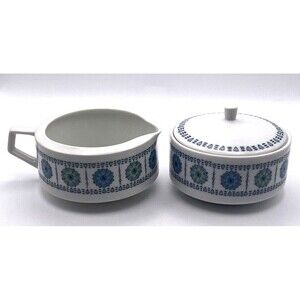 MCM - Saturn China Blue White Green Floral Creamer & Sugar/Atomic/Japan #3918